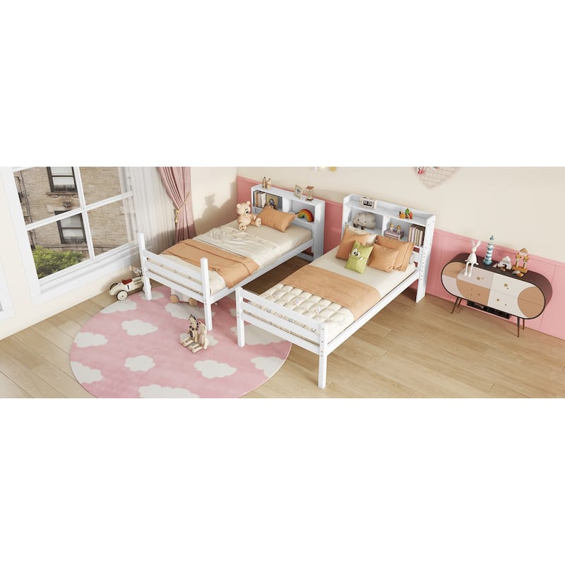 Roomfitters Twin Over Twin Rubber Wood Bunk Bed with Shelves Headboard, Convertible Design, Ladder and Safety Guardrails