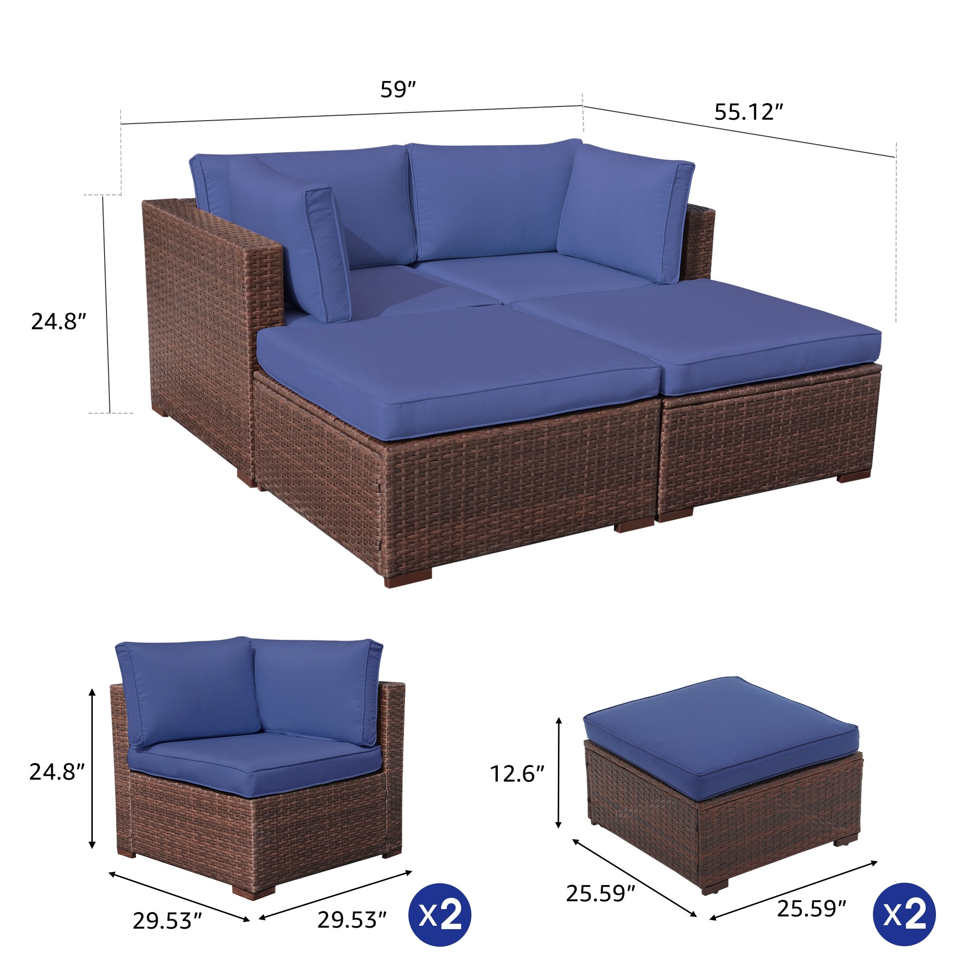 4-Piece Patio Sectional Sofa Wicker Furniture Set Outdoor daybed With Water resistant cushion