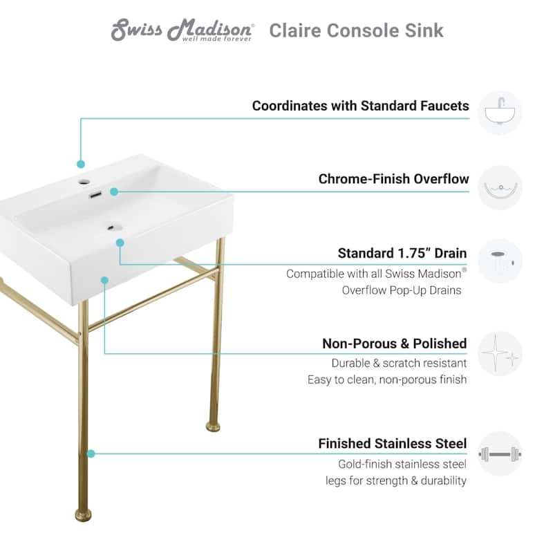 Claire Ceramic Console Sink White Basin Gold Legs