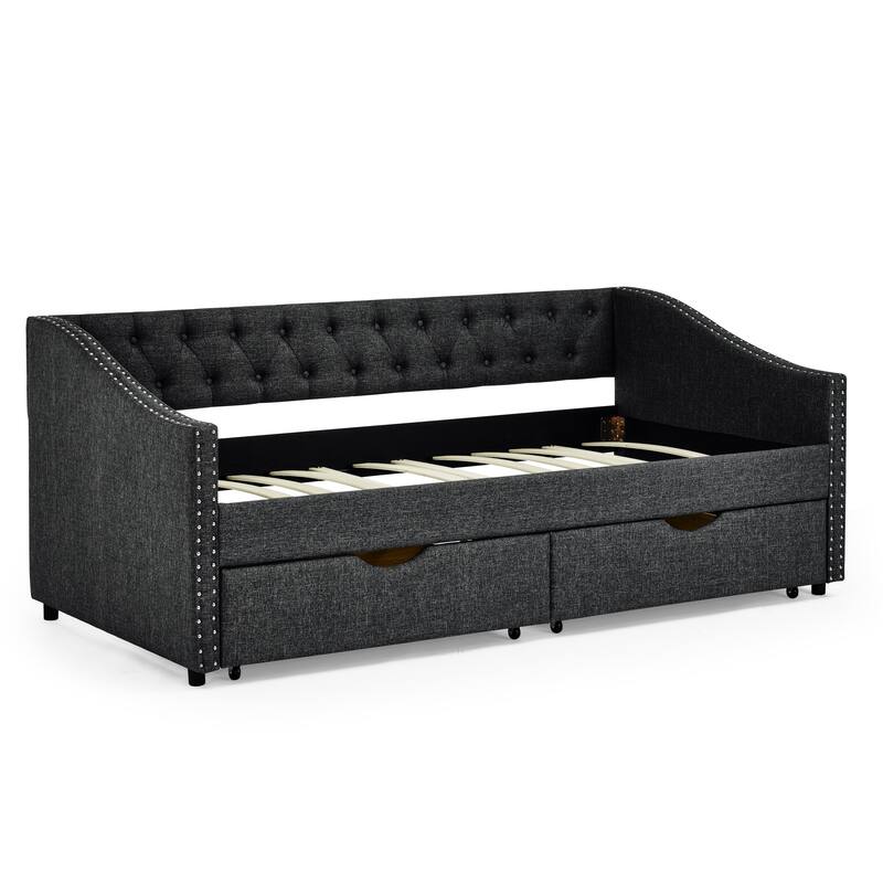 Roomfitters Twin/Full/Queen Upholstered Daybed with Tufted Backrest, Nailhead Trim and Underbed Storage Trundle