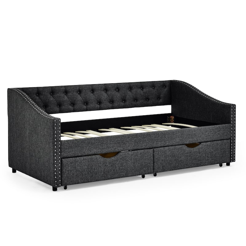 Tufted Button Daybed with 2 Storage Drawers/Upholstered Sofa Bed Frame w/Copper Nail on Waved Shape Armrests/No Spring Box Need