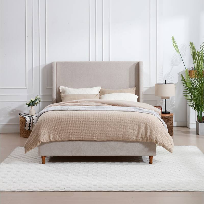 Modern Contemporary Upholstered Platform Bed with Wingback Headboard