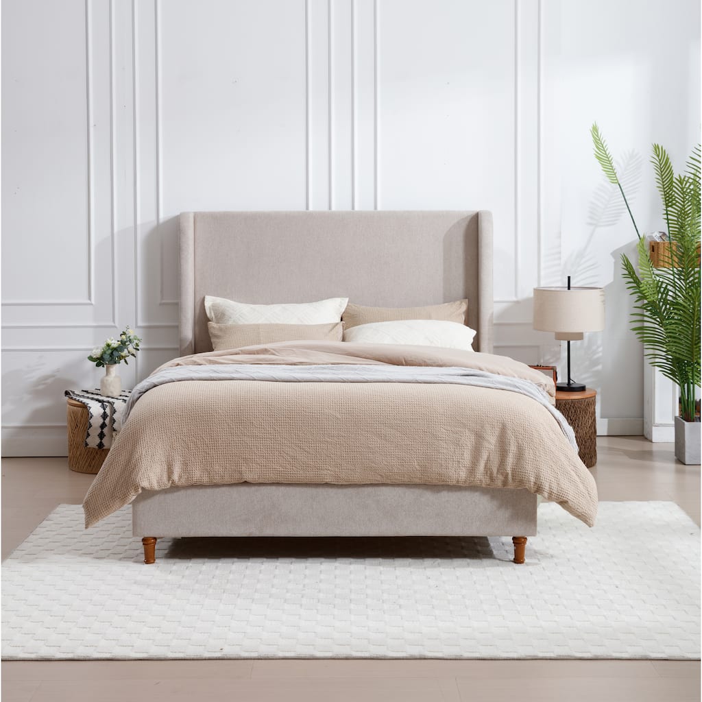Queen Size Upholstered Wingback Bed with 54" Headboard, Textured Ivory Canvas, Elegant Design