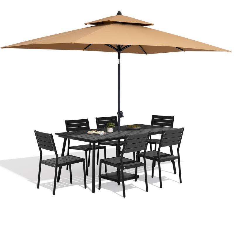 9-Piece Patio Dining Set Aluminum Dining Table and Stackable Chairs with Umbrella and Base - Black