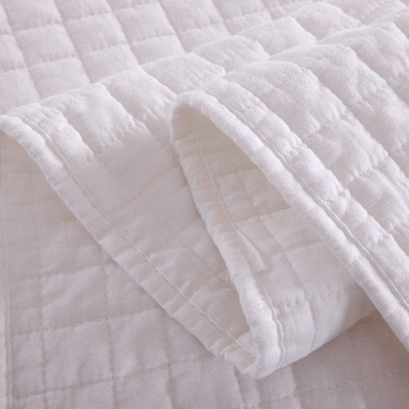 3 Pcs White Cotton Quilt Set Lightweight Bedspread Set Check