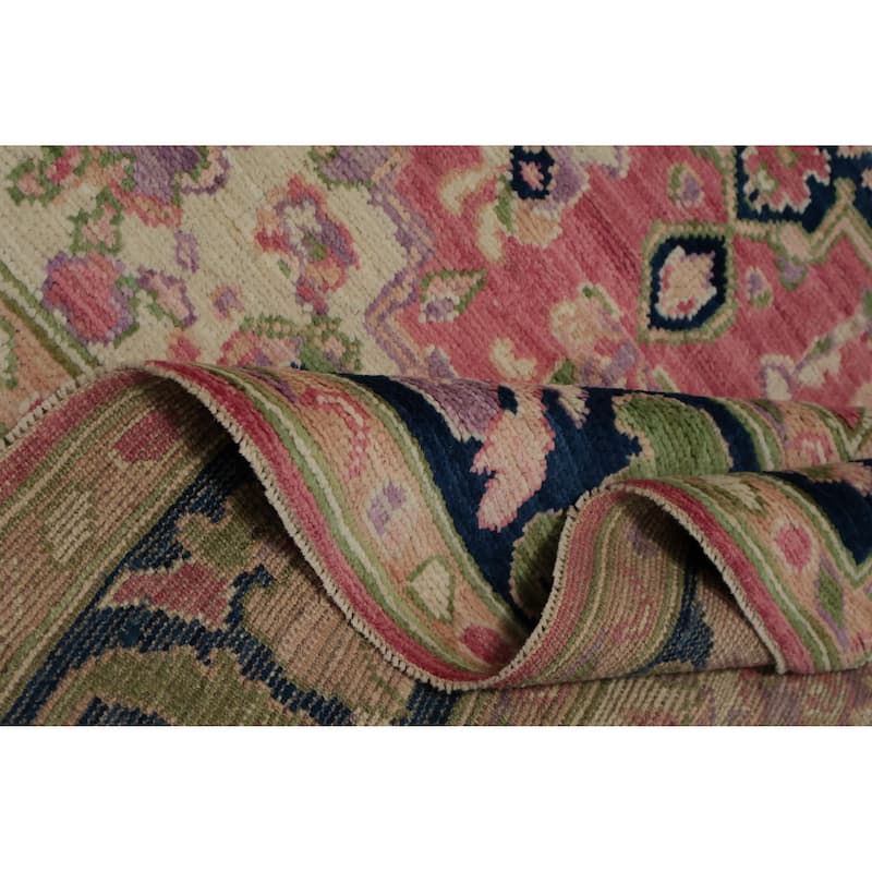Hand Knotted Oriental 100% Wool Carpet Transitional Medallion Pink Oushak Area Rug - 6' 7'' X 5' 2''