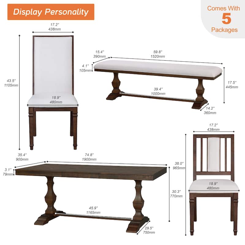 6-pieces Farmhouse Dining Table for 6, 74.8" Kitchen Table Set with 4 Chairs and Bench, Solid Wood Legs and Cushion Seat