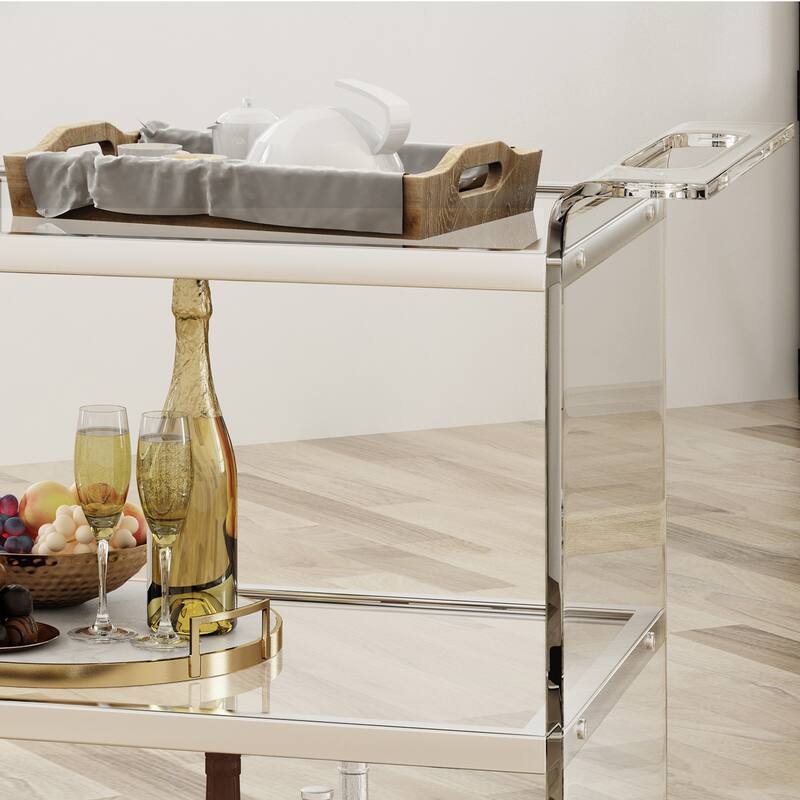Acrylic Bar Cart with Tempered Glass Shelves, Modern Serving Cart with Rattan & Metal Frame for Dinner Parties & Tea Service