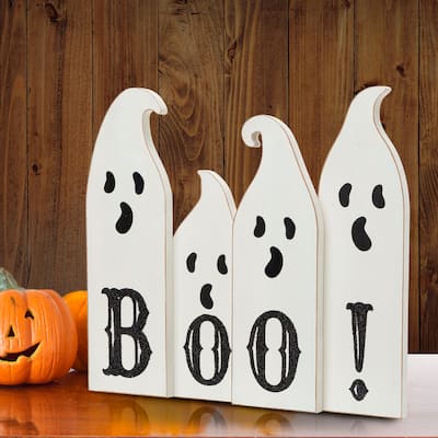 Glitzhome 12"L Halloween Wooden Ghost Table Decor - Black/White