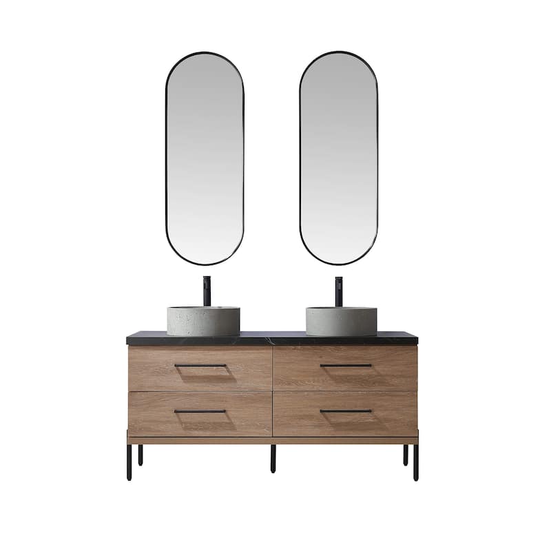 Trento Bath Vanity with Sintered Stone Top with Concrete Sink (R) - 60 in. - North American Oak-With Mirror