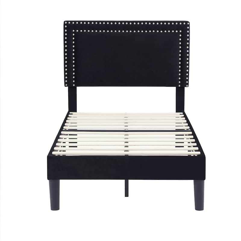 2 Pcs Upholstered Twin Size Platform Bed with Adjustable Headboard