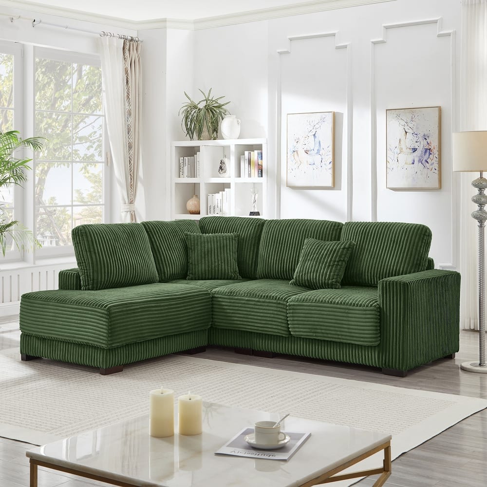 L Shaped Sectional Sofa with Reversible Chaise Lounge, Convertible Sectional 3 Seat Sofa, Corduroy Upholstered Corner Sofa