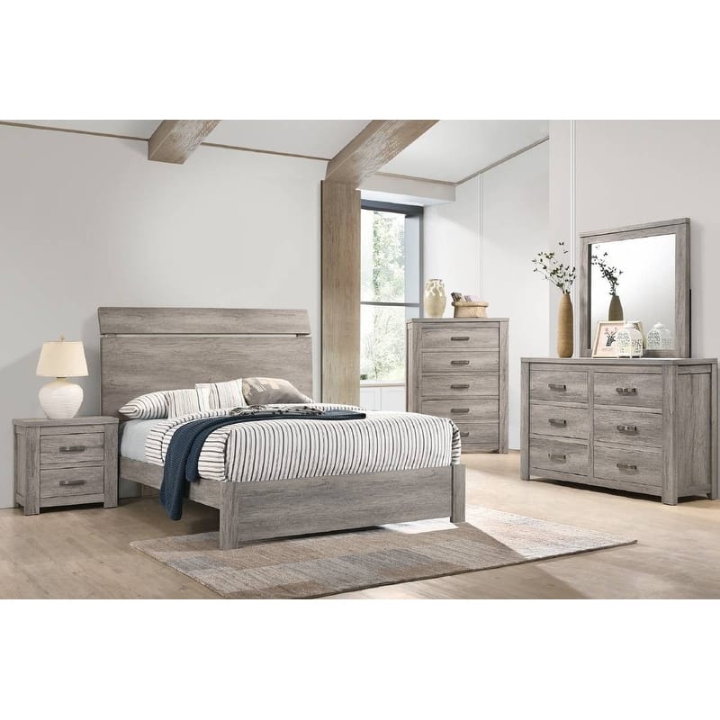 Modern Style Bed Set Panel Headboard Metal Handles Light Gray Finish Bedroom Furniture