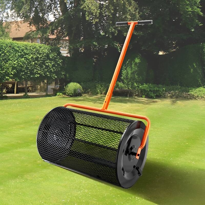 Compost & Peat Moss Spreader Roller – 24" Steel Lawn Tool - Black-Orange - 28.3" x 16.5" x 16.9"