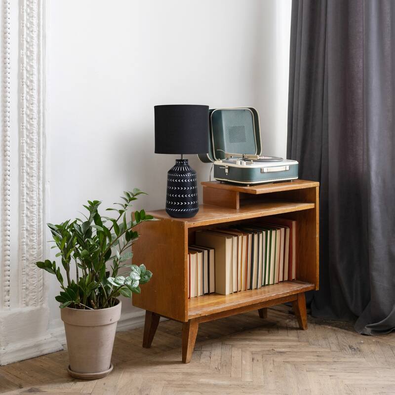 Tribal Style Hand Painted Ceramic Table Lamp with Drum Shade - 17" - Black