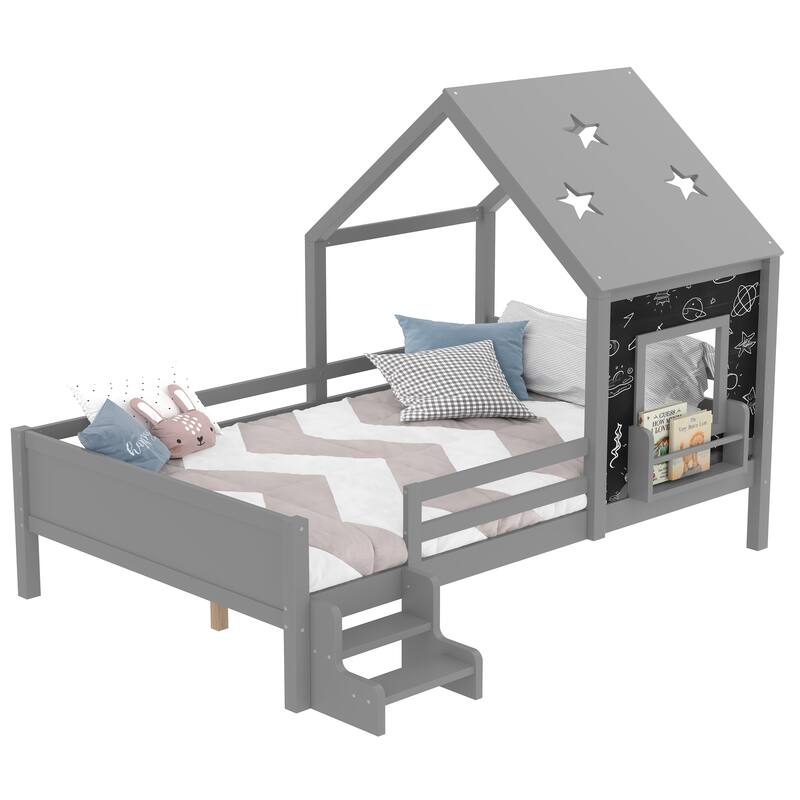 Full House Beds with Low-Profile Stairs and a Window, Solid Wood House Platform Bed with a Bookcase Design