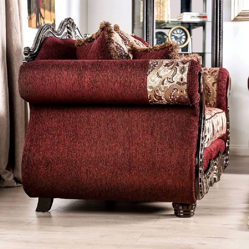 Chenille Upholstered Loveseat With Pillows, Burgundy and Brown
