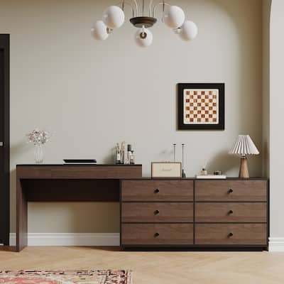 Home Office Storage Expandable Dresser Desk Combo With Flip-Top Makeup Mirror and 6 Storage Drawers