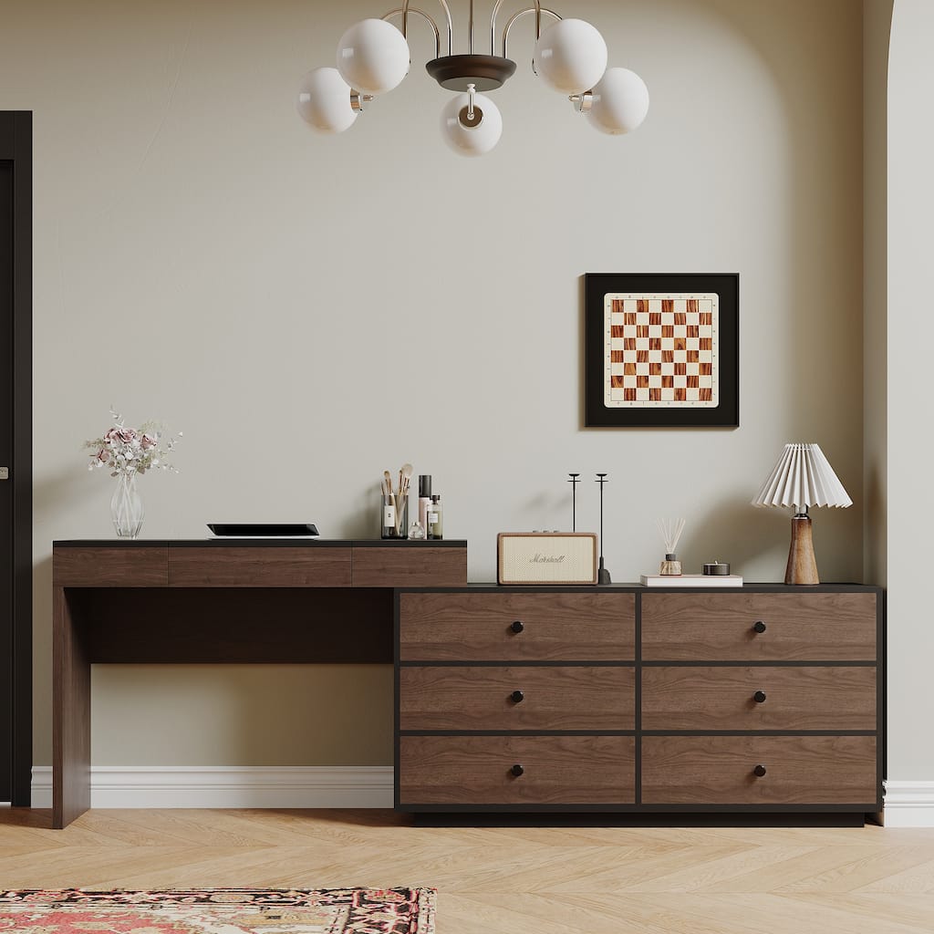 Home Office Storage Expandable Dresser Desk Combo With Flip-Top Makeup Mirror and 6 Storage Drawers