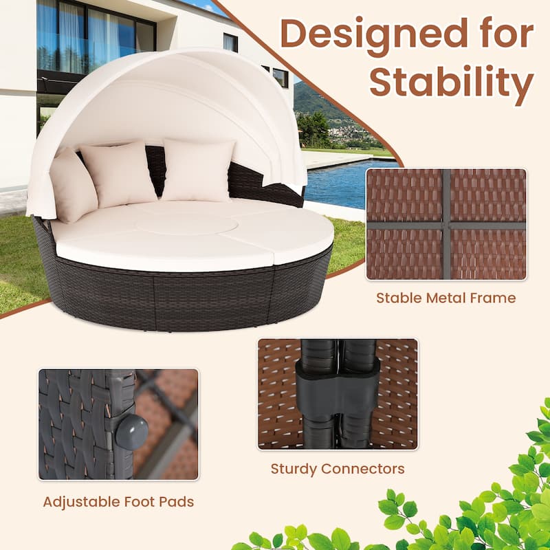 4 Piece Round Patio Daybed Set with Canopy Cushions and Table - 73" × 70" × 57"