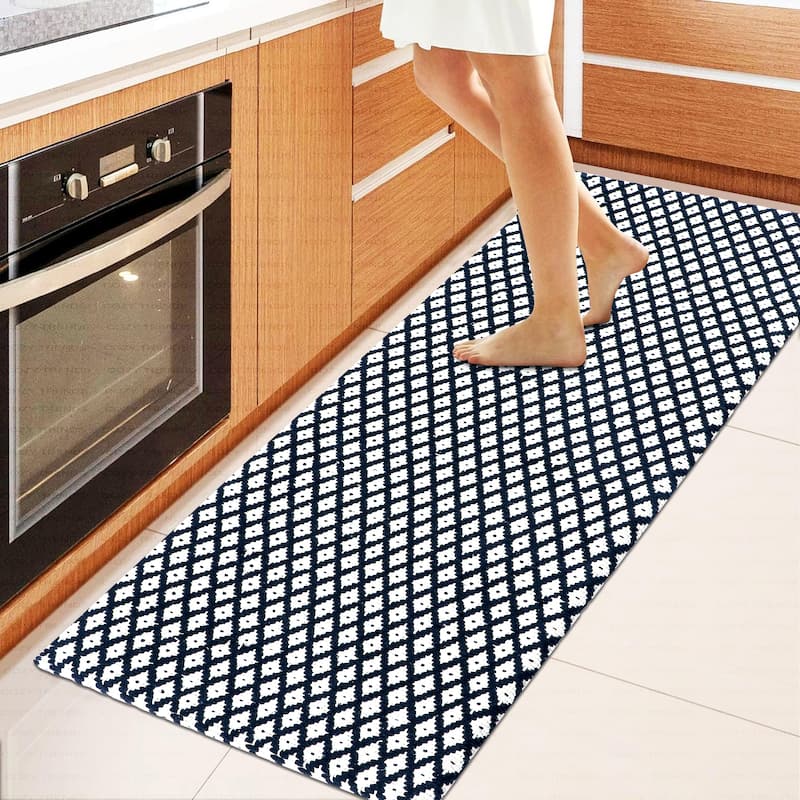 Anti-Fatigue Kitchen/Bathroom/Bed side Mat Hand Woven Runner Rug Cushioned Cotton Mat 18x48'' - 18''x48'' - Black