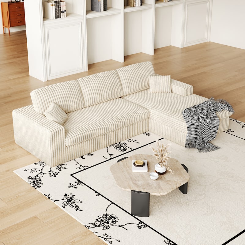 L-Shaped Sectional Sofa with Chaise Lounge, Corduroy Modular Foam Sofa, Upholstered Sofa with 2 Cushion & 2 Throw Pillows