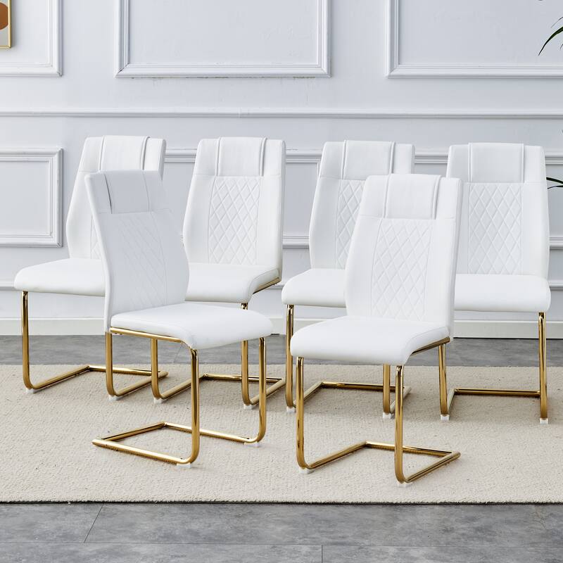 Modern dining chairs, set of 6, with faux leather soft cushion seats - White