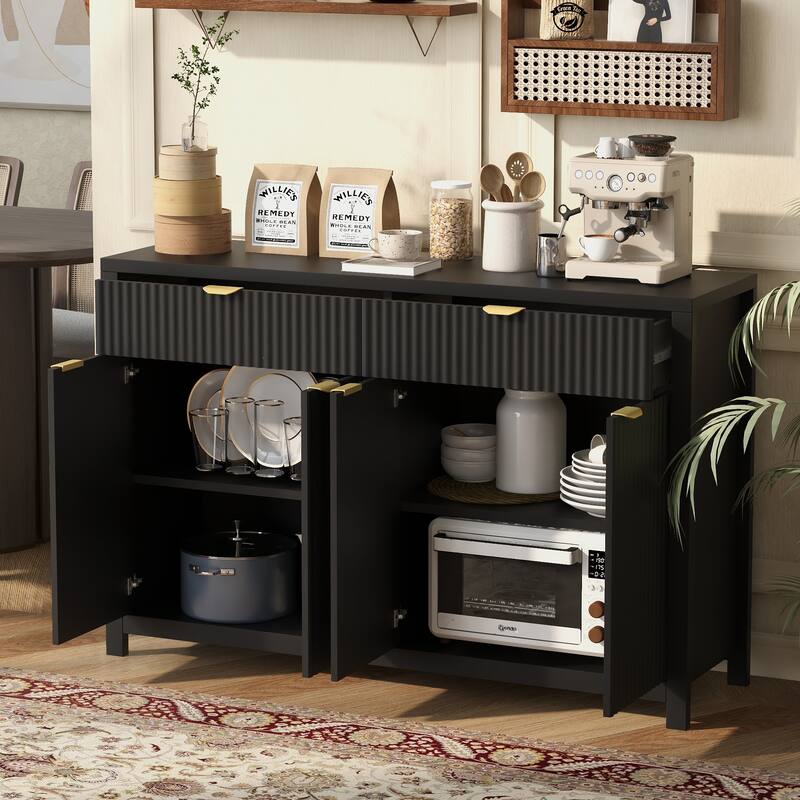 Modern Wave-Pattern Sideboard Cabinet with 2 Drawers and 4 Doors, 3-Level Adjustable Shelves, Aluminum Arc Handles