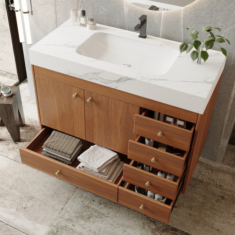 36" Bathroom Vanity with Faux Marble Top & Ceramic Sink, 5-Drawer Storage Cabinet with Stainless Steel Legs