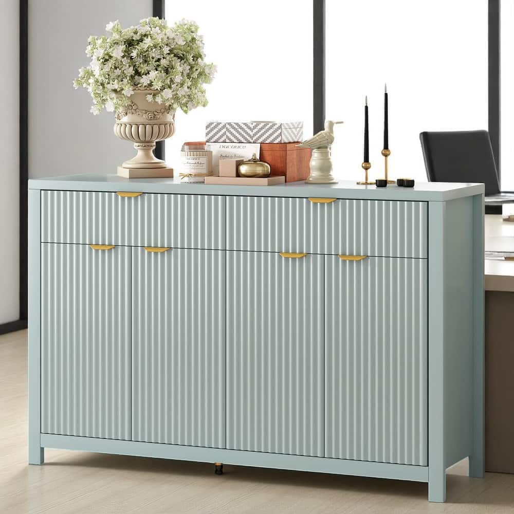 Modern Sideboard Buffet Cabinet with Wave Pattern, 2 Drawers, 4 Doors, Adjustable Shelves, Scandinavian Style