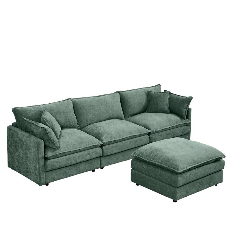 Chenille Chaise Sectional Sofa with Ottoman and 3-layers Cushions