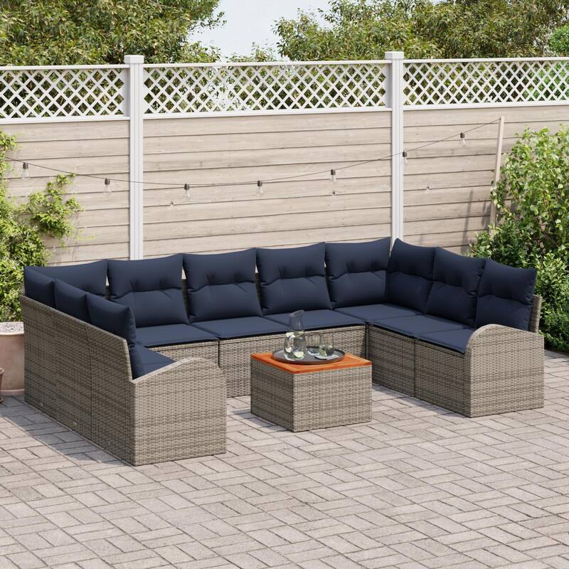 vidaXL 10 Garden Sofa Set with Cushions Black/Grey Poly Rattan - 113.8 x 70.5 x 27.2