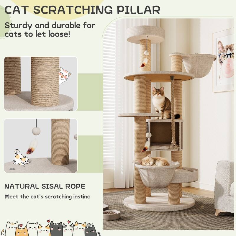 64"H Cat Tree Tower with Scratching Posts and Toys, Multi-Function Cat House for Indoor Cats - 64"