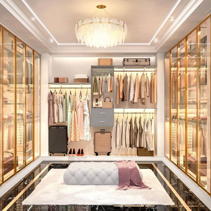 96'' Hanging Closet System with 3 Hanging Rod ＆ 3 Shelving Towers ＆ 2 Drawers,8FT Walk in Closet Organizer System