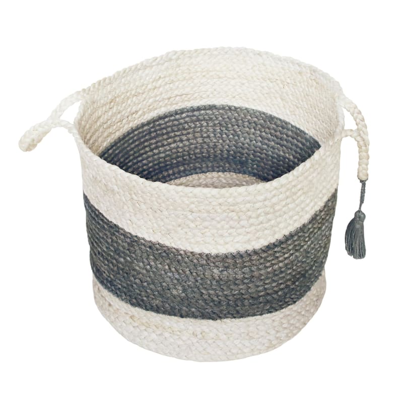 Sevita Bold Striped Off-White Jute Decorative Storage Basket with Handles