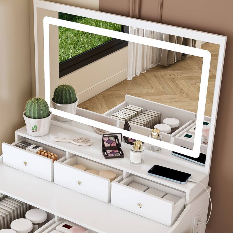 Large Mirror Vanity Desk for Bedroom, Modern Makeup Vanity with Power Outlet and Hair Dryer Holder, Dressing Table & Stool Set