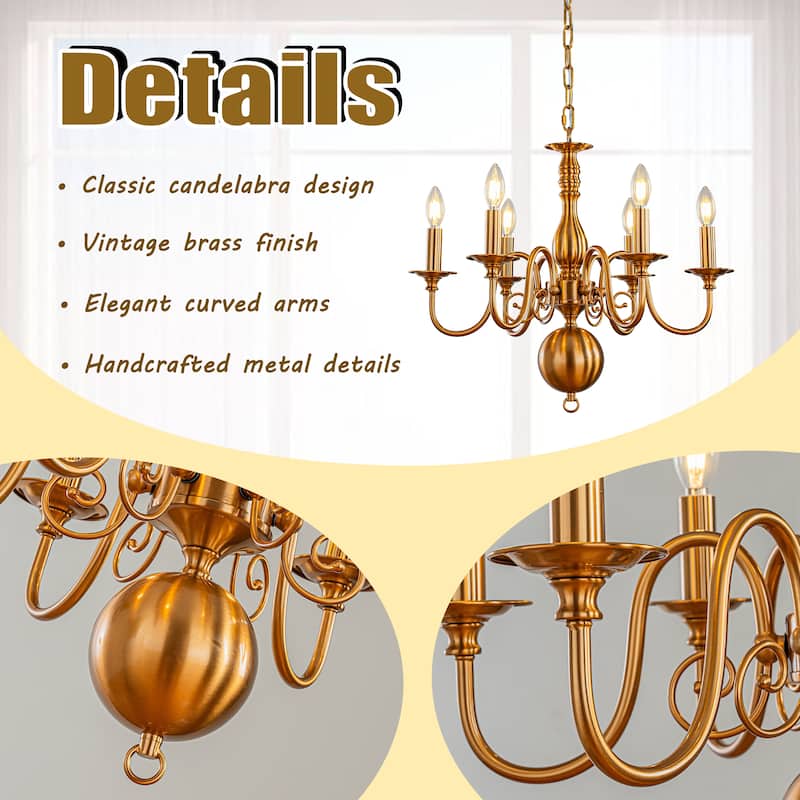 French Country Dimmable Antique Brass Chandelier Adjustable Chain Vintage Pendant Light for Dining Room
