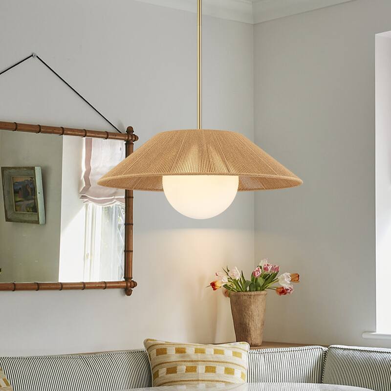 1-Light Farmhouse Globe Dome Pendant Light with Cotton Shade - Brass