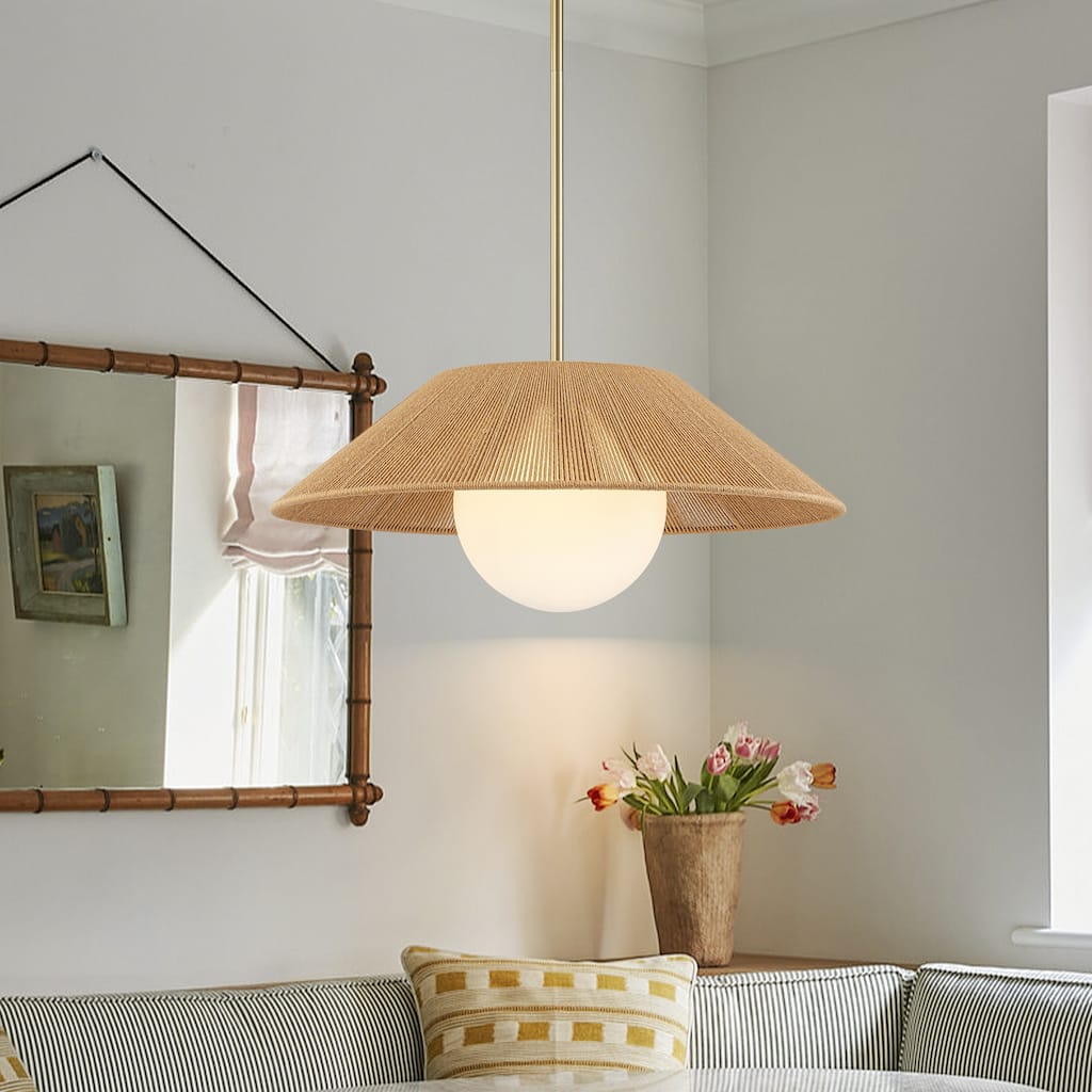 1-Light Farmhouse Globe Dome Pendant Light with Cotton Shade - Brass