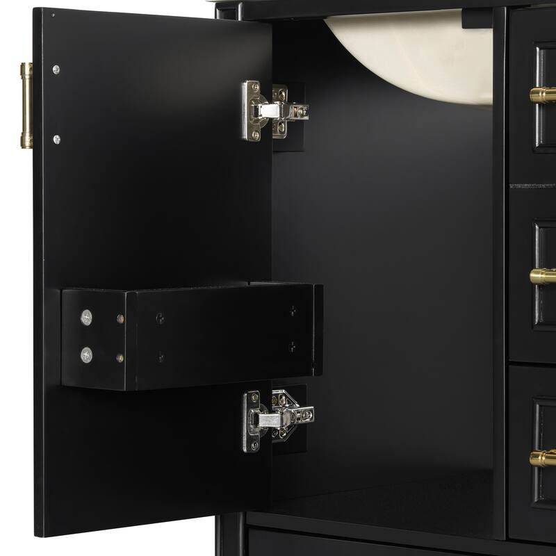 GDFStudio - Fernwell Transitional Freestanding Bathroom Vanity Cabinet with Ceramic Sink, Soft Close Drawers & Door Storage