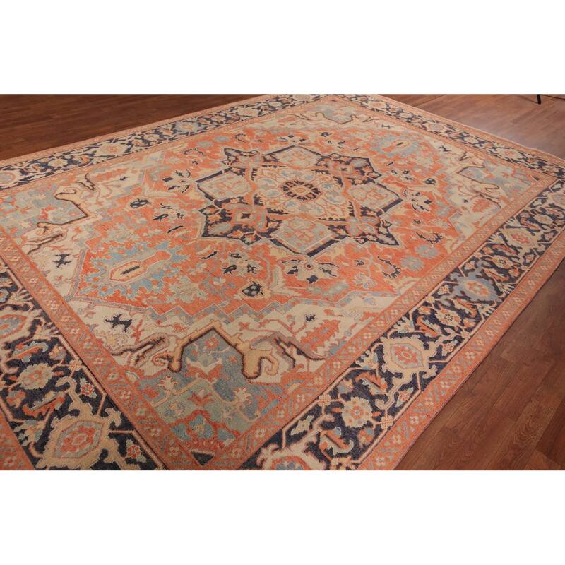 Vegetable Dye Heriz Oriental Area Rug Hand-Knotted Floral Wool Carpet - 8'9" x 12'5"