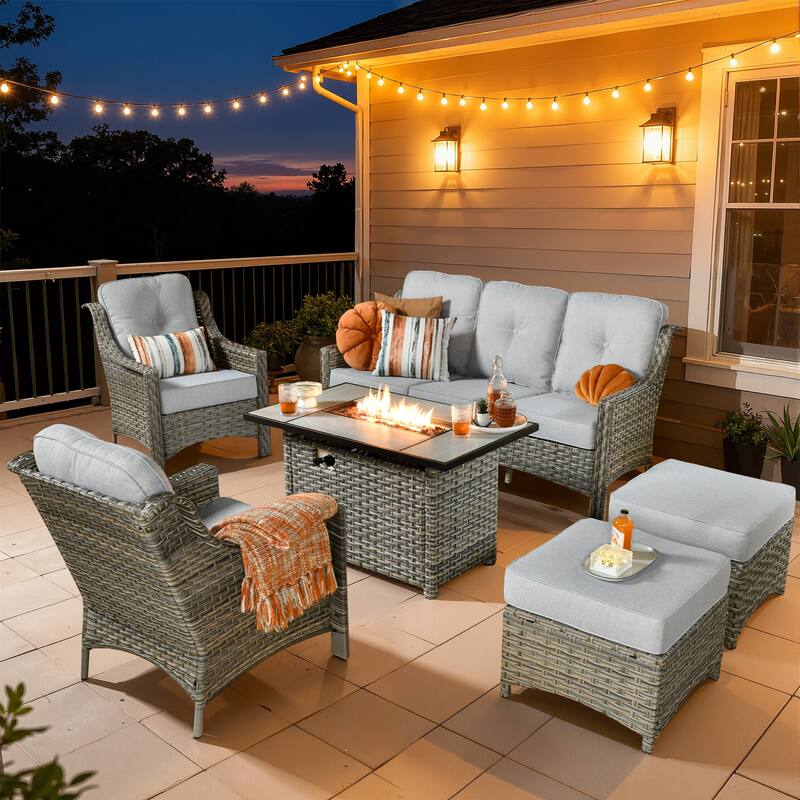 XIZZI 6-Piece Patio Furniture High-Back Wicker Sofa Set with 42" Fire Table - Grey