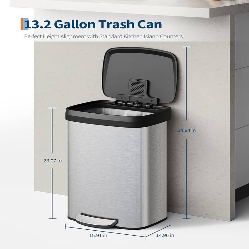 13 Gallon/50 Liter Metal Large Trash Can with Lid, Suitable for Kitchen, Office, Bedroom Trash Can