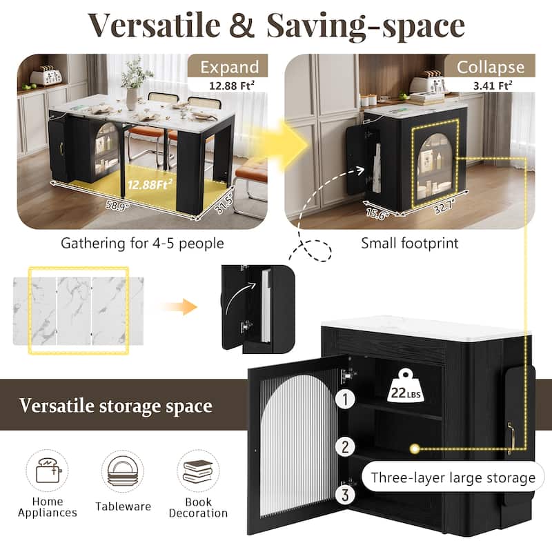 Extendable Dining Table with 3 Removable Middle Leaves,Mobile Rolling Table with Power Outlet,Saving-space Cabinet with Storage