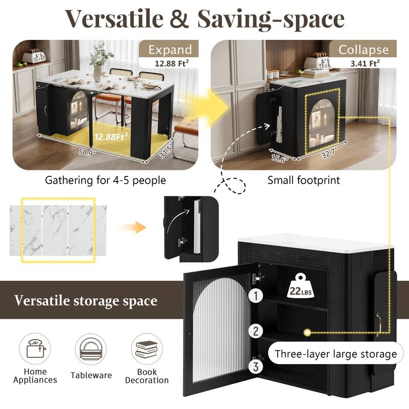 Roomfitters Extendable Dining Table, Mobile Kitchen Island, Rolling Storage Cabinet with Power Outlet
