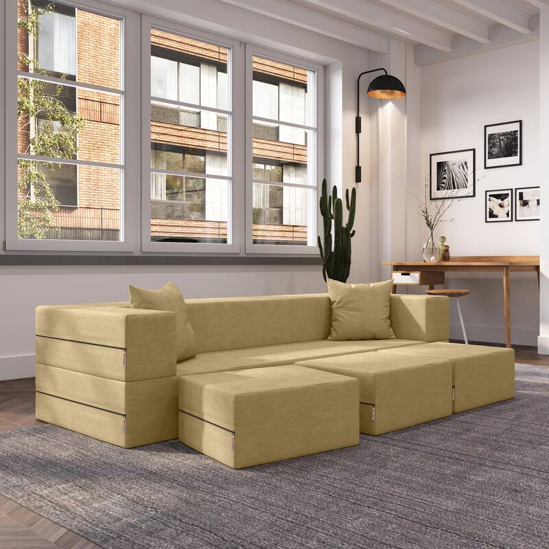 Porch & Den California King Convertible Sleeper Sofa and Ottomans - Camel