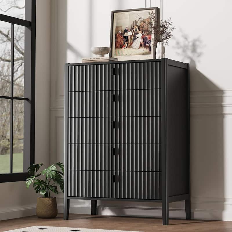 Modern Dresser, Fluted Wood Chest with Deep Drawers for Bedroom, Living Room - Black - 5-drawer