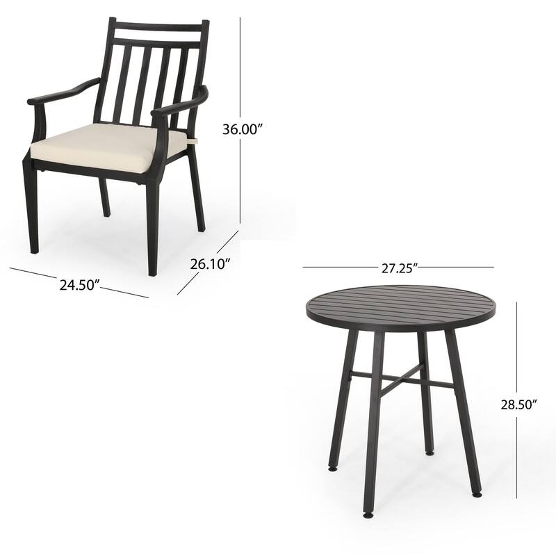 Outdoor Bistro Table Set with 2 Chairs, Slatted, Black Iron, Beige