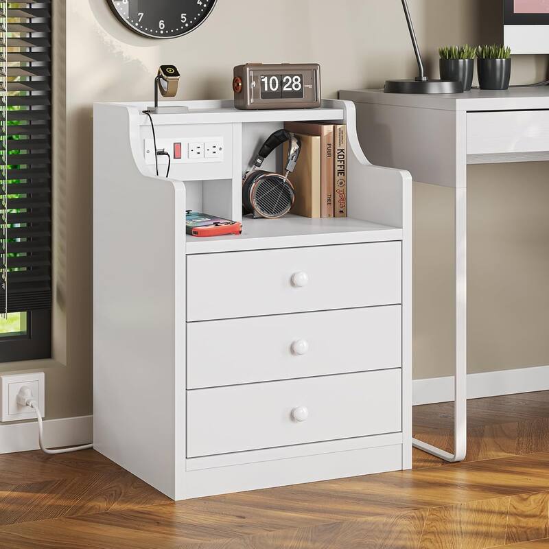 Nightstand with Drawers Charging Station End Side Table with Hutch
