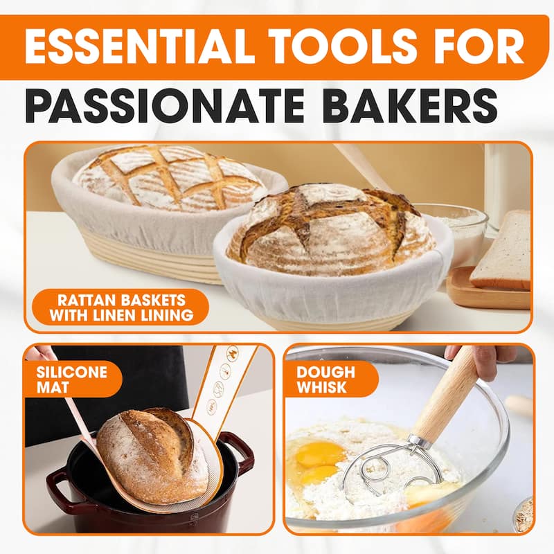 Cheer Collection Complete Round and Oval Bread Proofing Basket Set with Essential Baking Tools - Round and Oval